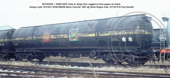 BPO83560 = SMBP4003 Class B, Bogie Non Lagged oil tank wagon AB Design code TE016A @ Stoke Wagon Repairs 79-10-07 � Paul Bartlett w