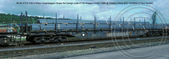 83 80 473 6 128-4 Sfnps Cargowaggon Bogie flat @ Shelton Stoke BSC 94-06-05 � Paul Bartlett w