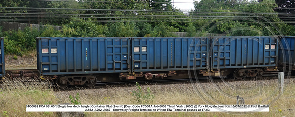 610092 FCA 68t 60ft Bogie low deck height Container Flat (2-unit) [Des. Code FC001A Job 6008 Thrall York c2000] @ York Holgate Junction 2022-07-15 © Paul Bartlett W