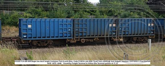 610325 FCA 68t 60ft Bogie low deck height Container Flat (2-unit) [Des. Code FC001A Job 6008 Thrall York c2000] @ York Holgate Junction 2022-07-15 © Paul Bartlett W