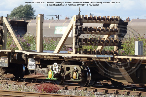 NLU93702 JZA 60' Container Flat Wagon - LWRT Roller Bank Module @ York Holgate Network Rail Depot 2014-07-27 � Paul Bartlett [3w]