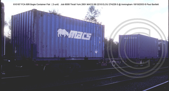 610167 FCA 60ft Bogie Container Flat (2-unit) MACS BB 2210 ELOU 274226 0 @ Immingham 2003-10-18 © Paul Bartlett w