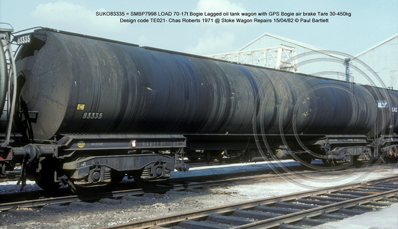 SUKO83335 = SMBP7998 Bogie Lagged oil tank wagon GPS Bogie AB @ Stoke Wagon Repairs 82-04-15 � Paul Bartlett [1w]