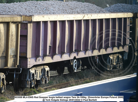 503558 MLA EWS Red Snapper bogie ballast wagon Tare 24-100kg  [Greenbrier Europe Poland 2008]  @ York Holgate Sidings 2022-01-29 © Paul Bartlett [4w]