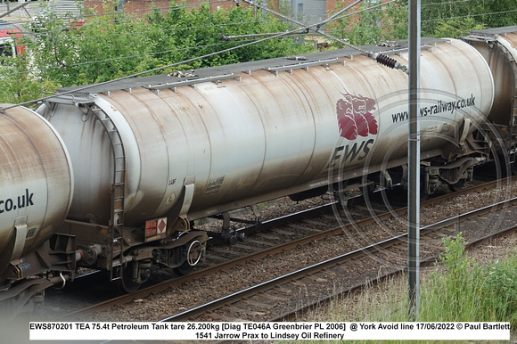 EWS870201 TEA 75.4t Petroleum Tank tare 26.200kg [Diag TE046A Greenbrier PL 2006]  @ York Avoid line 2022 06-17 © Paul Bartlett w