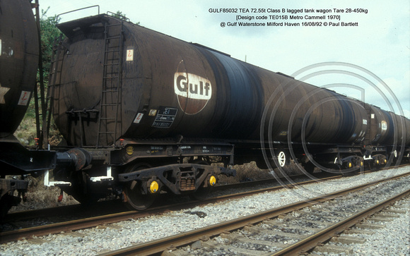 GULF85032 TEA Class B lagged tank wagon @ Gulf Waterstone Milford Haven 92-08-16 � Paul Bartlett w