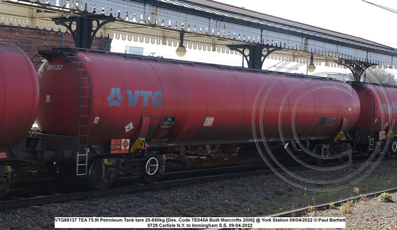 VTG88137 TEA 75.9t Petroleum Tank tare 25-650kg [Des. Code TE045A Built Marcrofts 2006] @ York Station 2022-04-09 © Paul Bartlett [2w]