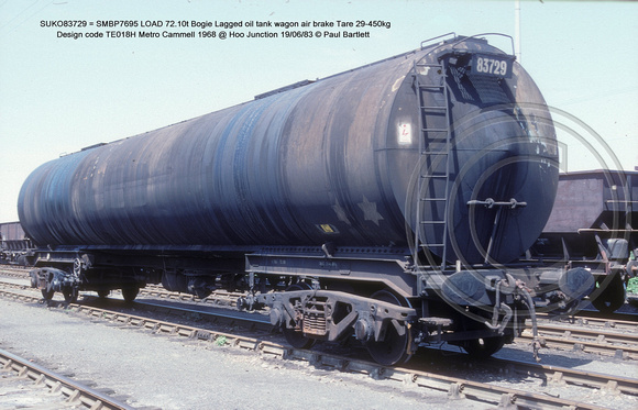 SUKO83729 = SMBP7695 Bogie Lagged oil tank wagon AB Design code TE018H @ Hoo Junction 83-06-19 � Paul Bartlett w