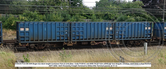 610235 FCA 68t 60ft Bogie low deck height Container Flat (2-unit) [Des. Code FC001A Job 6008 Thrall York c2000] @ York Holgate Junction 2022-07-15 © Paul Bartlett W