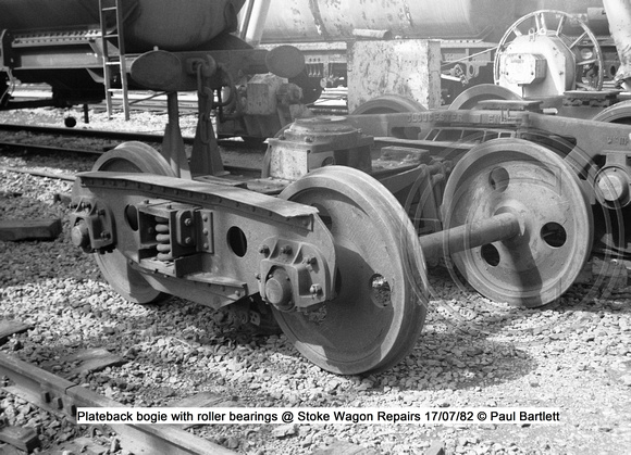 Plateback bogie @ Stoke Wagon Repairs 82-07-17 © Paul Bartlett w