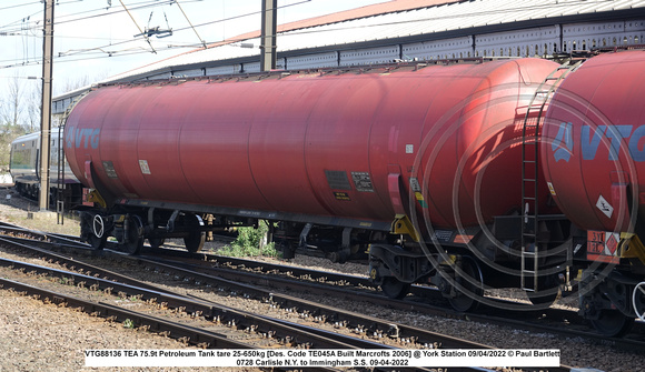VTG88136 TEA 75.9t Petroleum Tank tare 25-650kg [Des. Code TE045A Built Marcrofts 2006] @ York Station 2022-04-09 © Paul Bartlett [3w]