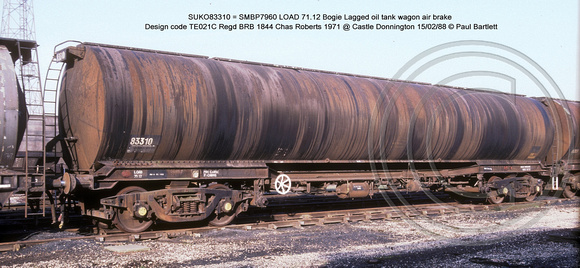 SUKO83310 = SMBP7960 Bogie Lagged oil tank wagon AB Design code TE021C @ Castle Donnington 88-02-15 � Paul Bartlett w