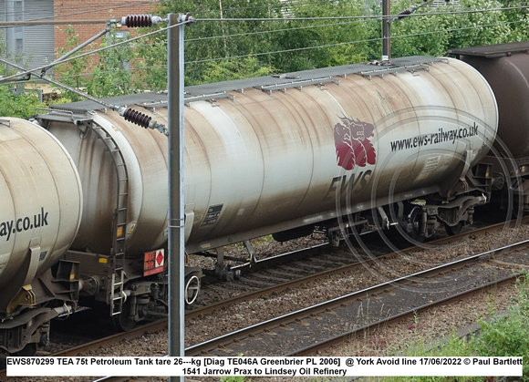 EWS870299 TEA 75t Petroleum Tank tare 26---kg [Diag TE046A Greenbrier PL 2006]  @ York Avoid line 2022 06-17 © Paul Bartlett w