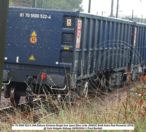 81 70 5500 522-4 JNA Ealnos Ermewa Bogie box open [Des code JN063C Built Astra Rail Romania 2019] @ York Holgate Sidings 2024-09-26 © Paul Bartlett [9w]