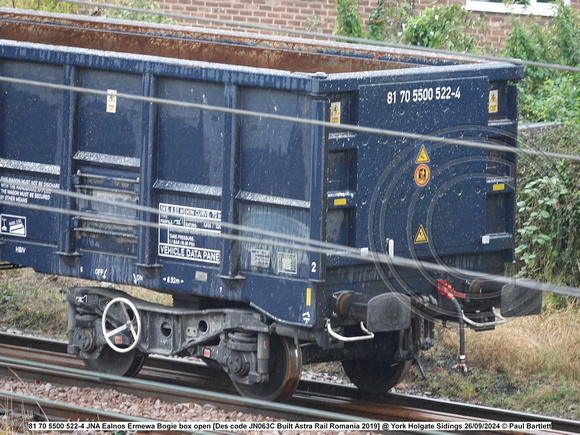 81 70 5500 522-4 JNA Ealnos Ermewa Bogie box open [Des code JN063C Built Astra Rail Romania 2019] @ York Holgate Sidings 2024-09-26 © Paul Bartlett [5w]