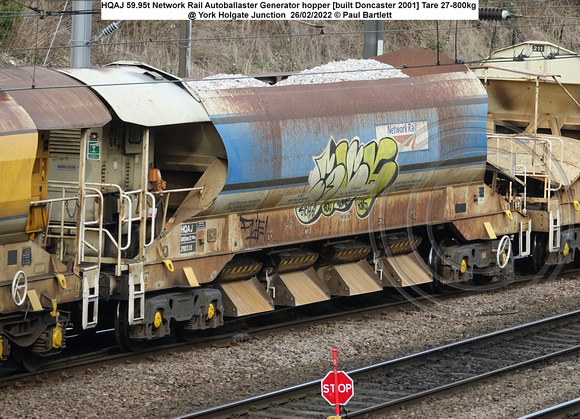 380338 HQAJ 59.95t Network Rail Autoballaster Generator hopper [built Doncaster 2001] Tare 27-800kg @ York Holgate Junction 2022-02-26 © Paul Bartett w
