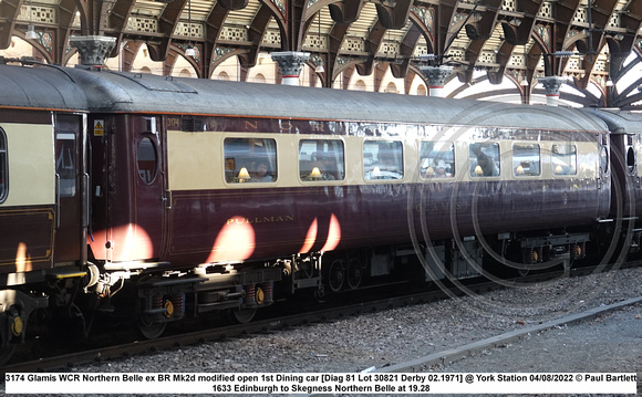 3174 Glamis WCR Northern Belle ex BR Mk2d modified open 1st Dining car [Diag 81 Lot 30821 Derby 02.1971] @ York Station 2022-08-04 © Paul Bartlett w
