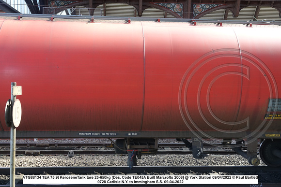 VTG88134 TEA 75.9t Kerosene Tank tare 25-650kg [Des. Code TE045A Built Marcrofts 2006] @ York Station 2022-04-09 © Paul Bartlett [5w]
