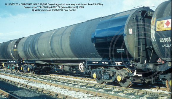 SUKO83223 = SMBP7878 Bogie Lagged oil tank wagon AB Design code TE018C @ Wellingborough 82-03-13 � Paul Bartlett w
