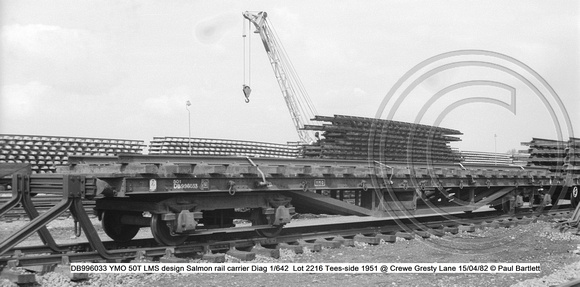 DB996033 YMOSalmon rail carrier Diag 1-642  @ Crewe Gresty Lane 82-04-15 © Paul Bartlett w