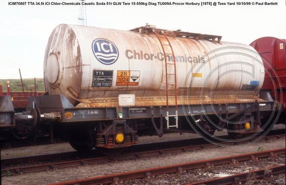 ICIM70807 TTA 34.5t ICI Chlor-Chemicals Caustic Soda Tare 15-550kg Diag TU009A Procor Horbury [1975] @ Tees Yard 99-10-10 © Paul Bartlett w