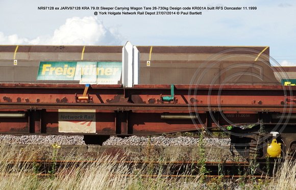 NR97128 ex JARV97128 KRA Sleeper Carrying Wagon @ York Holgate Network Rail Depot 2014-07-27 � Paul Bartlett [08w]
