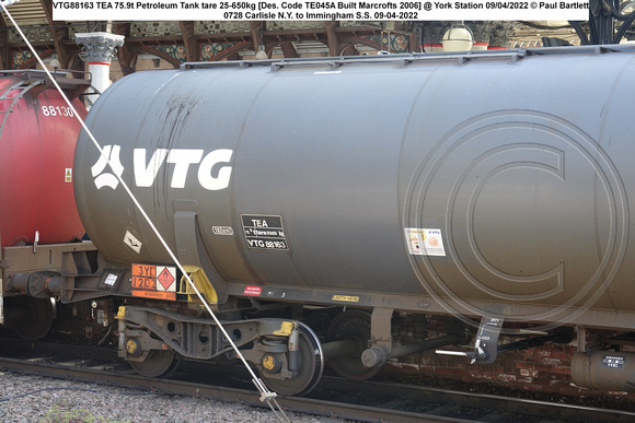 VTG88163 TEA 75.9t Petroleum Tank tare 25-650kg [Des. Code TE045A Built Marcrofts 2006] @ York Station 2022-04-09 © Paul Bartlett [3w]