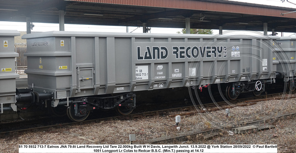 81 70 5932 713-7 Ealnos JNA 79.6t Land Recovery Ltd Tare 22.000kg Built W H Davis, Langwith Junct. 13.9.2022 @ York Station 2022-09-28 © Paul Bartlett [2w]