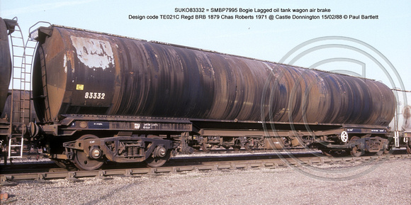 SUKO83332 = SMBP7995 Bogie Lagged oil tank wagon AB Design code TE021C @ Castle Donnington 88-02-15 � Paul Bartlett w