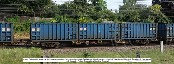 610042 FXA 68t 60ft Bogie low deck height Container Flat (2-unit) [Des. Code FX004A Job 6008 Thrall York c2000] @ Holgate Junction 2022 05-17 © Paul Bartlett