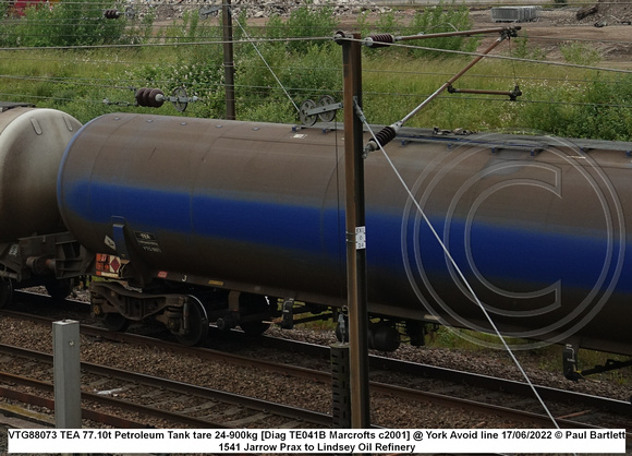 VTG88073 TEA 77.10t Petroleum Tank tare 24-900kg [Diag TE041B Marcrofts c2001] @ York Avoid line 2022 06-17 © Paul Bartlett [2w]