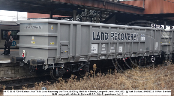 81 70 5932 709-5 Ealnos JNA 79.6t Land Recovery Ltd Tare 22.000kg Built W H Davis, Langwith Junct. 8.9.2022 @ York Station 2022-09-28 © Paul Bartlett [9w]