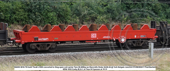 966053 BYA 75t built Thrall c1998 converted to Steg open coil carrier Tare 26-600kgwe Marcrofts Stoke 24.06.24 @ York Holgate Junction 2024-08-21 © Paul Bartlett w