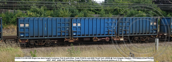 610252 FCA 68t 60ft Bogie low deck height Container Flat (2-unit) [Des. Code FC001A Job 6008 Thrall York c2000] @ York Holgate Junction 2022-07-15 © Paul Bartlett w