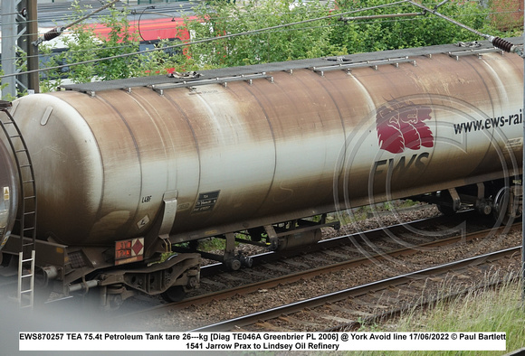 EWS870257 TEA 75.4t Petroleum Tank tare 26---kg [Diag TE046A Greenbrier PL 2006] @ York Avoid line 2022 06-17 © Paul Bartlett [2w]