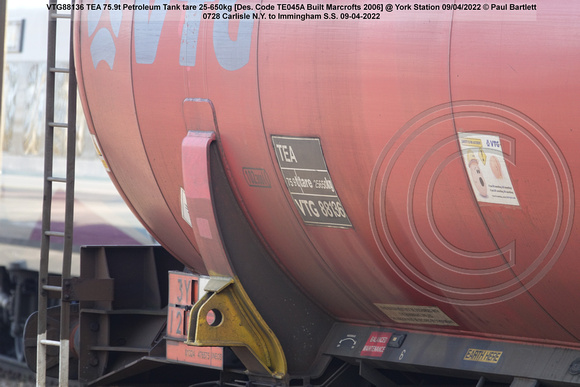VTG88136 TEA 75.9t Petroleum Tank tare 25-650kg [Des. Code TE045A Built Marcrofts 2006] @ York Station 2022-04-09 © Paul Bartlett [4w]