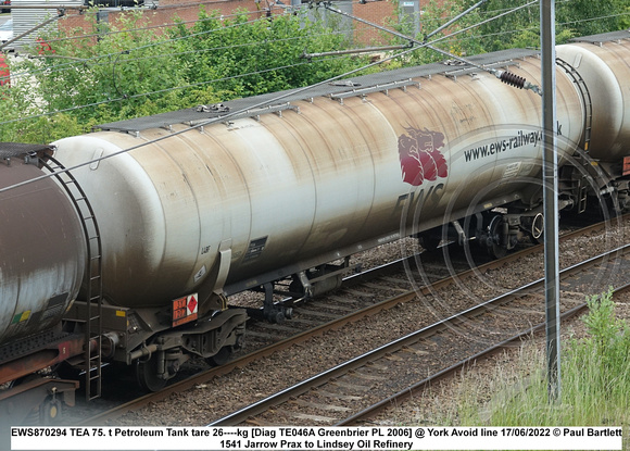 EWS870294 TEA 75. t Petroleum Tank tare 26----kg [Diag TE046A Greenbrier PL 2006] @ York Avoid line 2022 06-17 © Paul Bartlett w