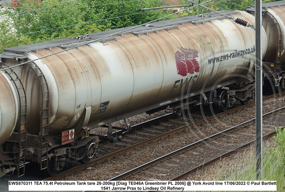 EWS870311 TEA 75.4t Petroleum Tank tare 26-200kg [Diag TE046A Greenbrier PL 2006] @ York Avoid line 2022 06-17 © Paul Bartlett w