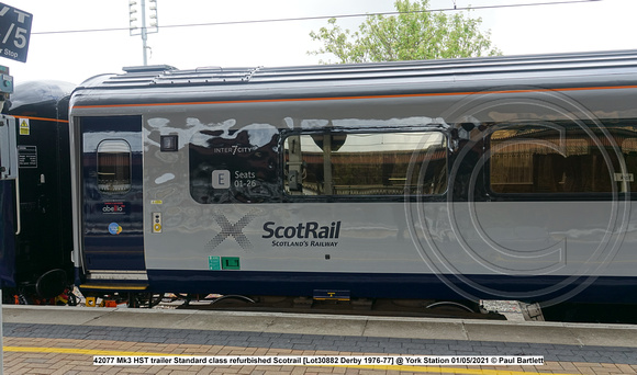 42077 Mk3 HST trailer Standard class refurbished Scotrail [Lot30882 Derby 1976-77] @ York Station 2021-05-01 © Paul Bartlett [4w]