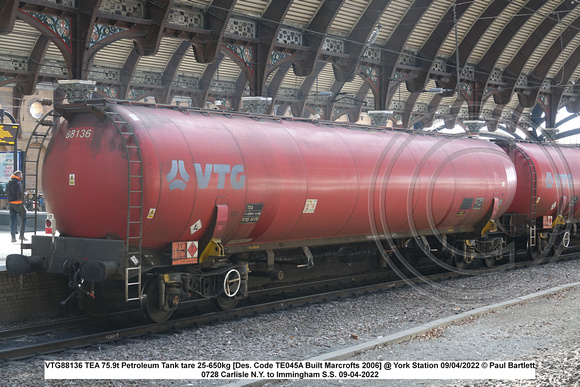 VTG88136 TEA 75.9t Petroleum Tank tare 25-650kg [Des. Code TE045A Built Marcrofts 2006] @ York Station 2022-04-09 © Paul Bartlett [1w]