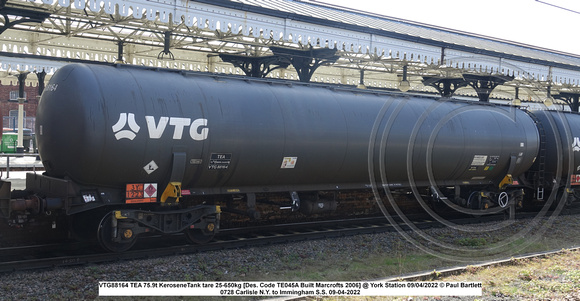 VTG88164 TEA 75.9t Kerosene Tank tare 25-650kg [Des. Code TE045A Built Marcrofts 2006] @ York Station 2022-04-09 © Paul Bartlett [1w]