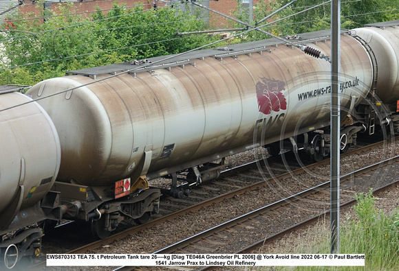 EWS870313 TEA 75. t Petroleum Tank tare 26----kg [Diag TE046A Greenbrier PL 2006] @ York Avoid line 2022 06-17 © Paul Bartlett w