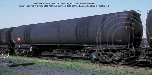 BPO83284 = SMBP7889 TEA Bogie Lagged oil tank wagon ABDesign code TE018C @ Peterborough 90-05-05 � Paul Bartlett w