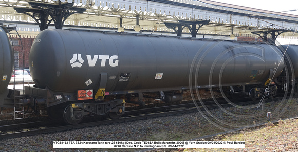 VTG88162 TEA 75.9t Kerosene Tank tare 25-650kg [Des. Code TE045A Built Marcrofts 2006] @ York Station 2022-04-09 © Paul Bartlett [1w]