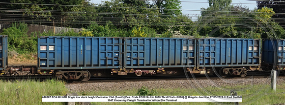 610287 FCA 68t 60ft Bogie low deck height Container Flat (2-unit) [Des. Code FC001A Job 6008 Thrall York c2000] @ Holgate Junction 2022 05-17 © Paul Bartlett w