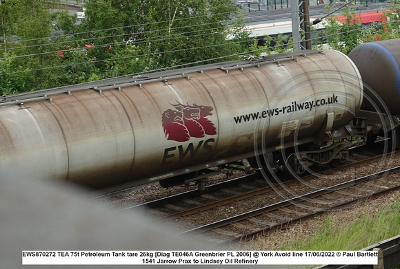EWS870272 TEA 75t Petroleum Tank tare 26kg [Diag TE046A Greenbrier PL 2006] @ York Avoid line 2022 06-17 © Paul Bartlett [2w]