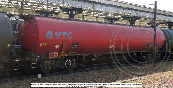 VTG88135 TEA 75.6t Petroleum Tank tare 25-700kg [Des. Code TE045A Built Marcrofts 2006] @ York Station 2022-04-09 © Paul Bartlett [2w]
