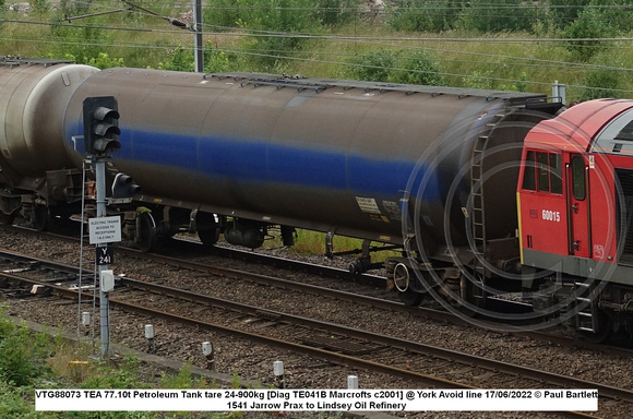 VTG88073 TEA 77.10t Petroleum Tank tare 24-900kg [Diag TE041B Marcrofts c2001] @ York Avoid line 2022 06-17 © Paul Bartlett [1w]