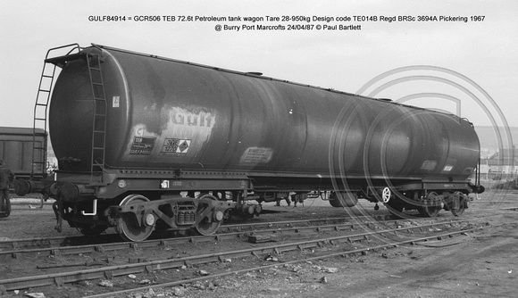 GULF84914 = GCR506 TEB Petroleum  tank wagon @ Burry Port Marcrofts 87-04-24 � Paul Bartlett [2w]