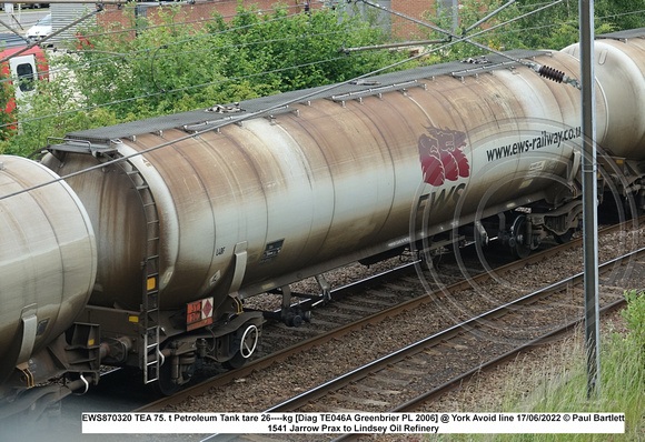 EWS870320 TEA 75. t Petroleum Tank tare 26----kg [Diag TE046A Greenbrier PL 2006] @ York Avoid line 2022 06-17 © Paul Bartlett w